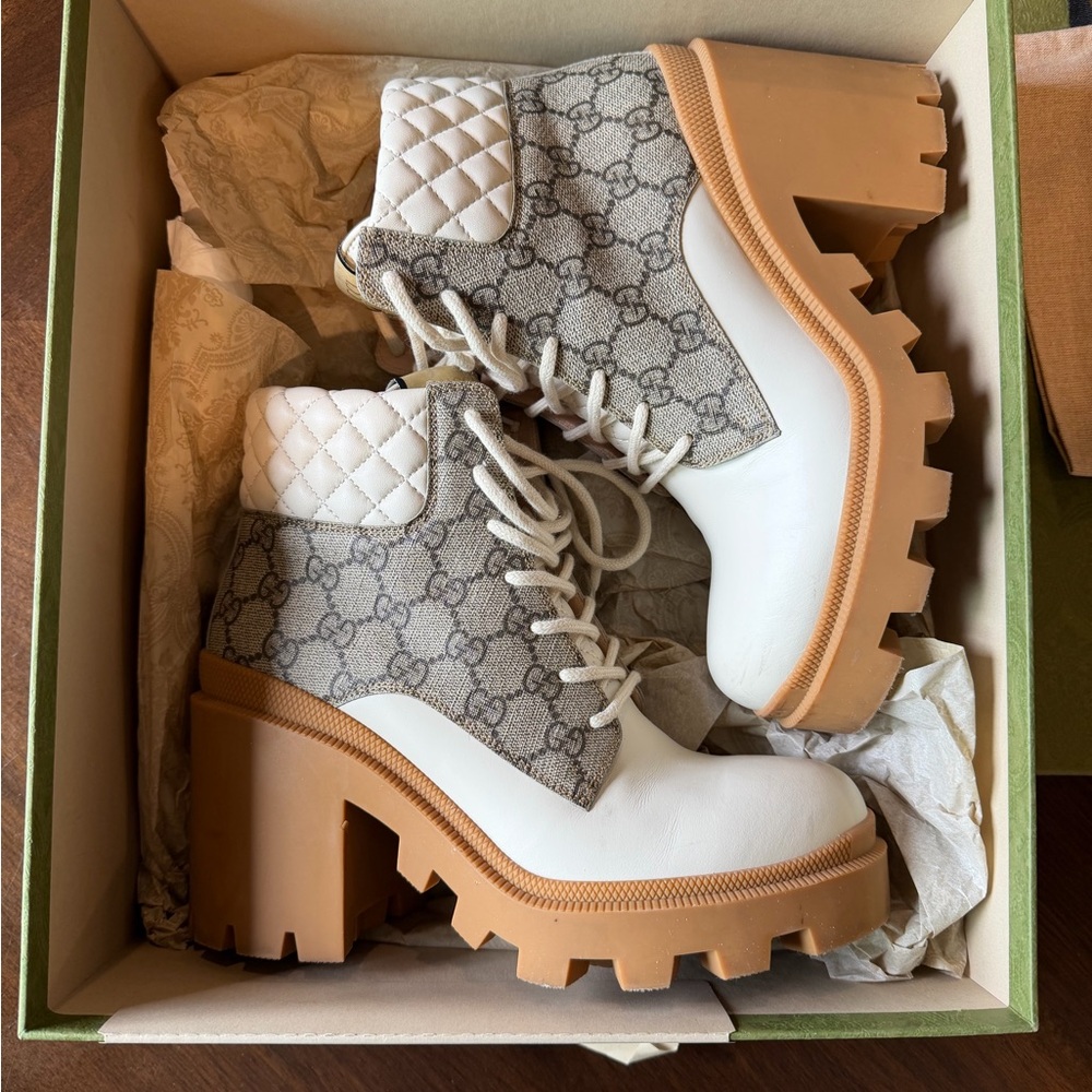 Gucci Apollo White Leather & Beige GG Canvas Platform Lug Lace-Up Boot